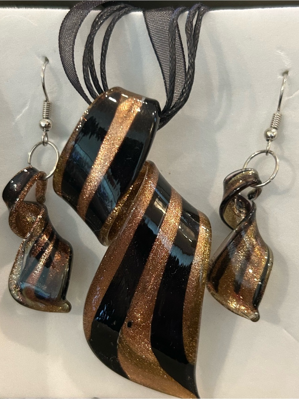 Murano Black and Copper Swirl Glass Pendant and Earrings Set